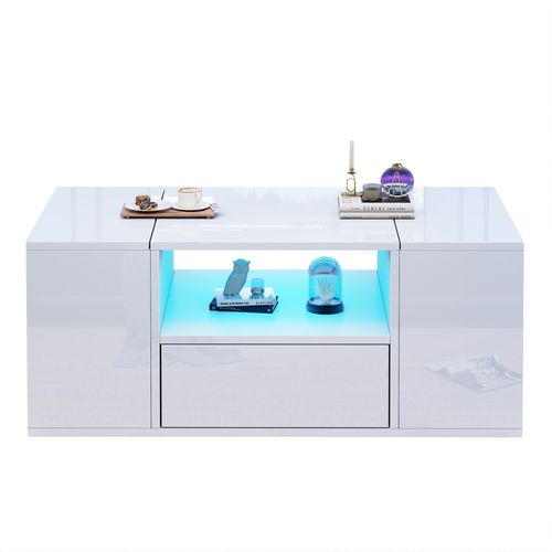 Table Basse Avec LED, 2 Portes, 1 Tiroir Et 3 Niches Blanc