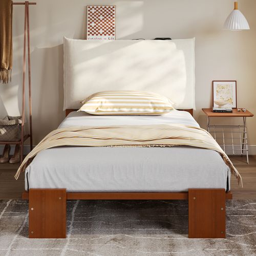 Lit Enfant 90x200cm Avec Tête De Lit Rembourrée à Scratch Et Sommier à Lattes Couleur Noyer