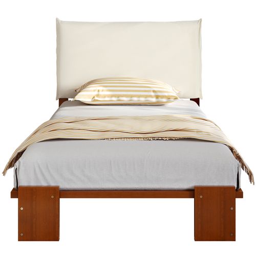 Lit Enfant 90x200cm Avec Tête De Lit Rembourrée à Scratch Et Sommier à Lattes Couleur Noyer