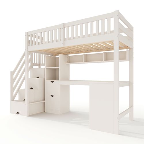 Lit Mezzanine 90x200cm Avec Bureau, 2 Tiroirs Et Escalier De Rangement Blanc