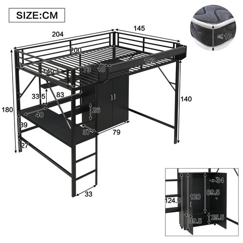 Lit Mezzanine 140x200cm Avec Bureau, Étagères à 3 Niveaux Et Armoire Noir