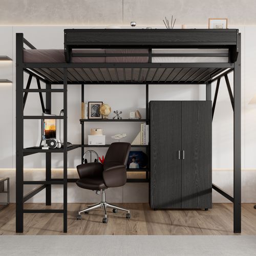 Lit Mezzanine 140x200cm Avec Bureau, Étagères à 3 Niveaux Et Armoire Noir