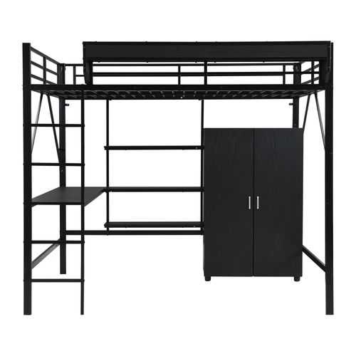 Lit Mezzanine 140x200cm Avec Bureau, Étagères à 3 Niveaux Et Armoire Noir