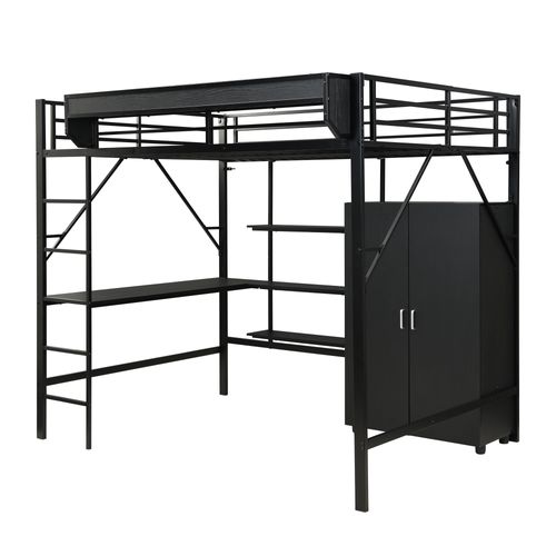 Lit Mezzanine 140x200cm Avec Bureau, Étagères à 3 Niveaux Et Armoire Noir