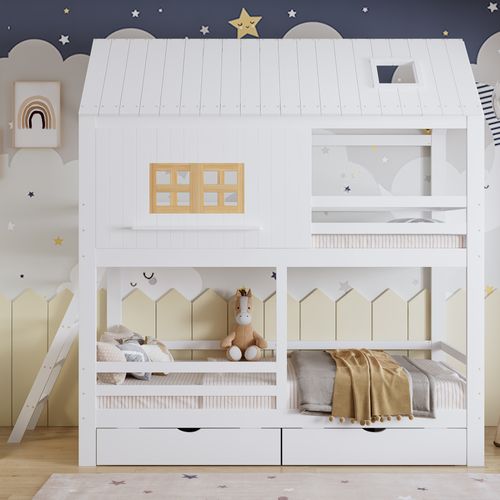 Lit Superposé Cabane 2x90x200cm Avec 2 Tiroirs Blanc