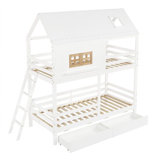 Lit Superposé Cabane 2x90x200cm Avec 2 Tiroirs Blanc