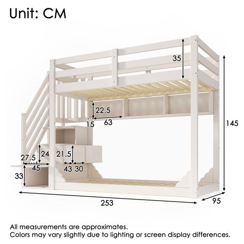 Lit Superposé 2x90x200cm Avec 2 Tiroirs, Étagères à Plusieurs Niveaux Et Escalier De Rangement Blanc