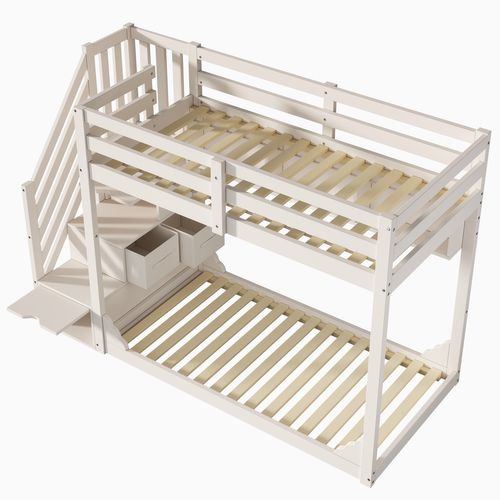 Lit Superposé 2x90x200cm Avec 2 Tiroirs, Étagères à Plusieurs Niveaux Et Escalier De Rangement Blanc