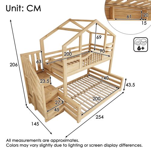 Lit Superposé 90x200 + 140x200 Avec Escalier De Rangement à 3 Espaces Et Étagères Imitation Chêne