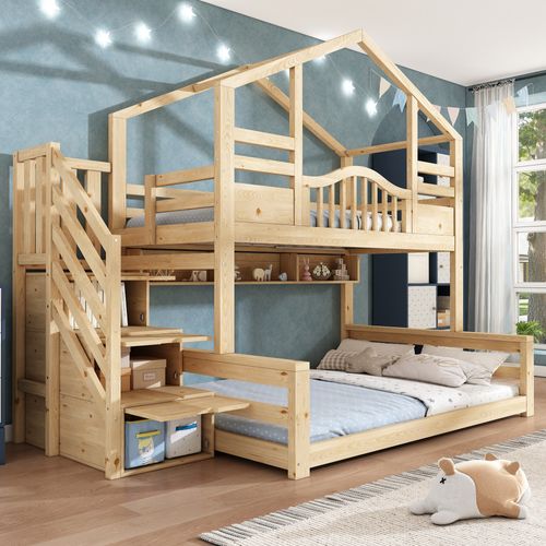 Lit Superposé 90x200 + 140x200 Avec Escalier De Rangement à 3 Espaces Et Étagères Imitation Chêne