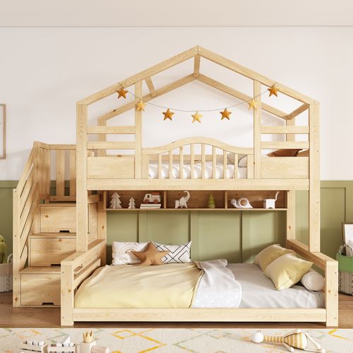 Lit Superposé 90x200 + 140x200 Avec Escalier De Rangement à 3 Espaces Et Étagères Imitation Chêne