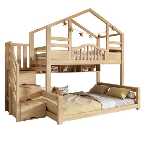Lit Superposé 90x200 + 140x200 Avec Escalier De Rangement à 3 Espaces Et Étagères Imitation Chêne