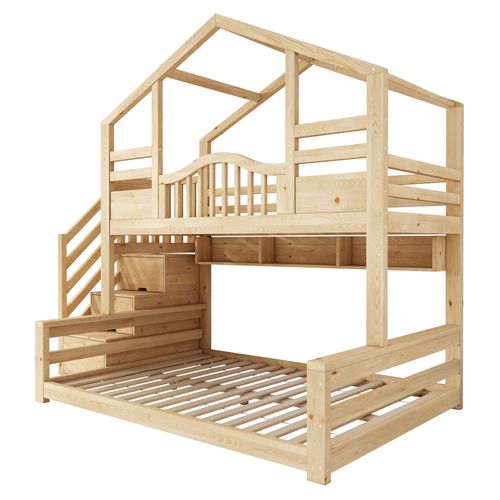 Lit Superposé 90x200 + 140x200 Avec Escalier De Rangement à 3 Espaces Et Étagères Imitation Chêne