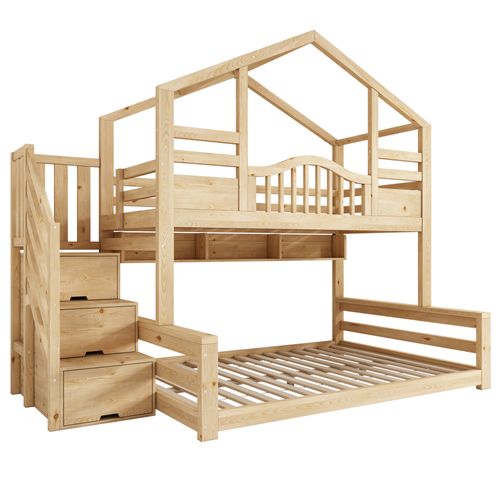 Lit Superposé 90x200 + 140x200 Avec Escalier De Rangement à 3 Espaces Et Étagères Imitation Chêne