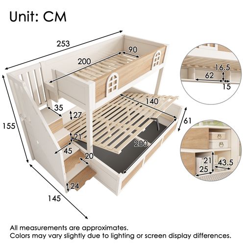 Lit Superposé Coffre 90x200cm + 140x200cm Avec Escalier De Rangement à 4 Espaces Imitation Chêne