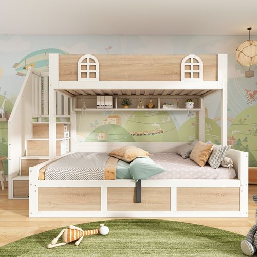 Lit Superposé Coffre 90x200cm + 140x200cm Avec Escalier De Rangement à 4 Espaces Imitation Chêne