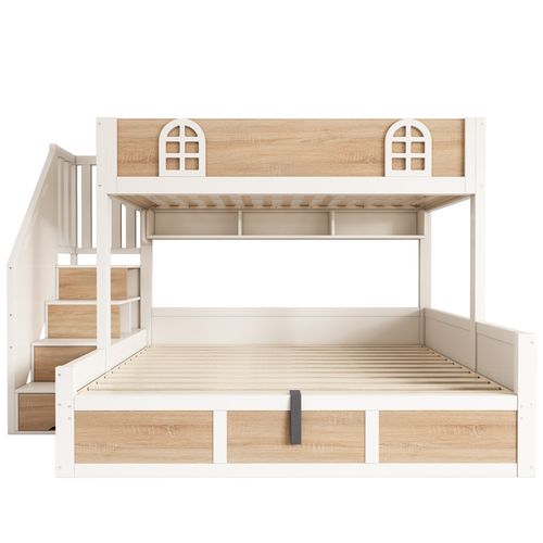 Lit Superposé Coffre 90x200cm + 140x200cm Avec Escalier De Rangement à 4 Espaces Imitation Chêne