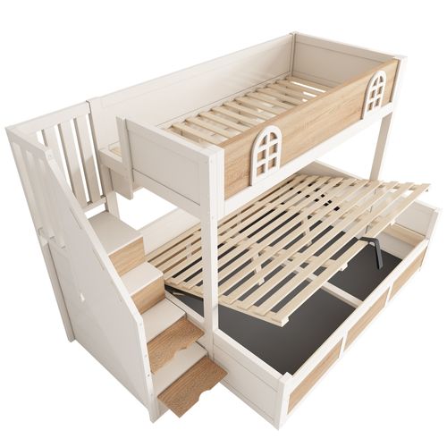 Lit Superposé Coffre 90x200cm + 140x200cm Avec Escalier De Rangement à 4 Espaces Imitation Chêne