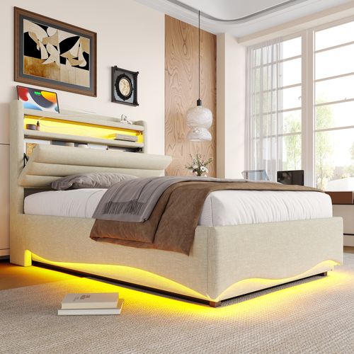 Lit Coffre 90x200cm Avec LED, USB Et Tête De Lit Avec Rangement Lin Beige