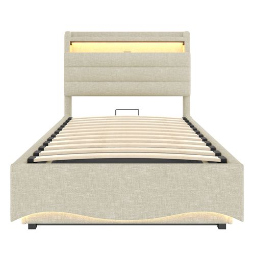 Lit Coffre 90x200cm Avec LED, USB Et Tête De Lit Avec Rangement Lin Beige