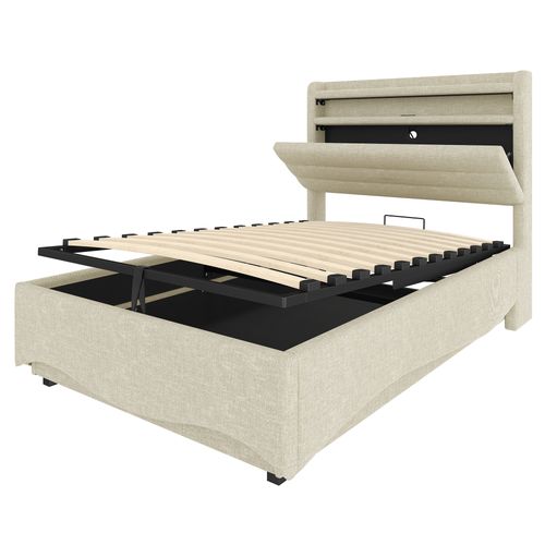 Lit Coffre 90x200cm Avec LED, USB Et Tête De Lit Avec Rangement Lin Beige