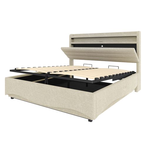 Lit Coffre 140x200cm Avec LED, USB Et Tête De Lit Avec Rangement Lin Beige