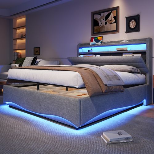 Lit Coffre 140x200cm Avec LED, USB Et Tête De Lit Avec Rangement Lin Gris