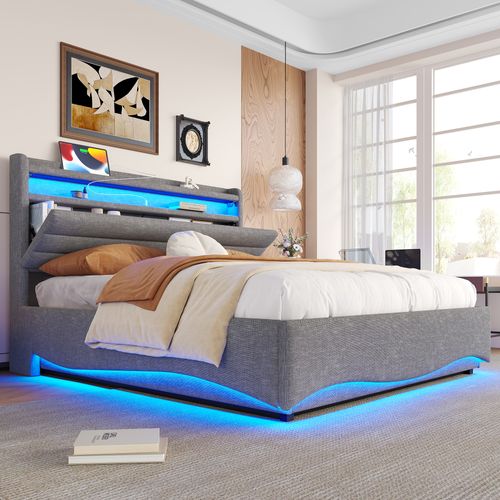 Lit Coffre 140x200cm Avec LED, USB Et Tête De Lit Avec Rangement Lin Gris