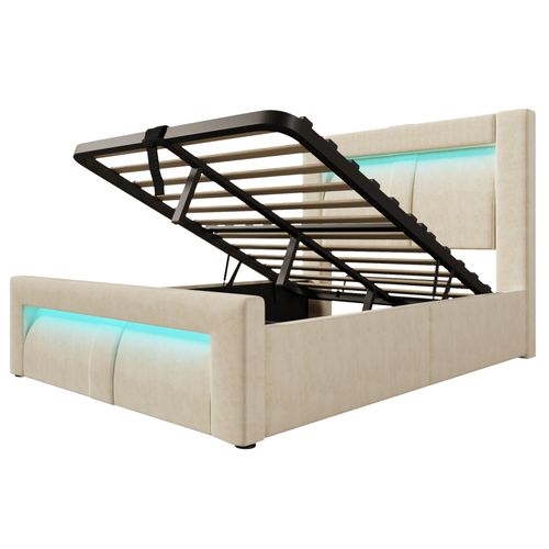 Lit Coffre 90x200cm Avec Lumière LED, Port USB Et Tête De Lit Incurvée Velours Beige