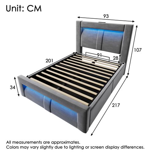 Lit Coffre 90x200cm Avec Lumière LED, Port USB Et Tête De Lit Incurvée Velours Gris