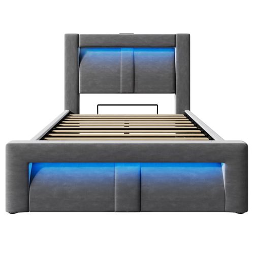 Lit Coffre 90x200cm Avec Lumière LED, Port USB Et Tête De Lit Incurvée Velours Gris