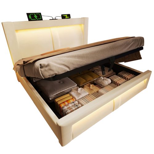 Lit Coffre 180x200cm Avec Lumière LED, Port USB Et Tête De Lit Incurvée Velours Beige