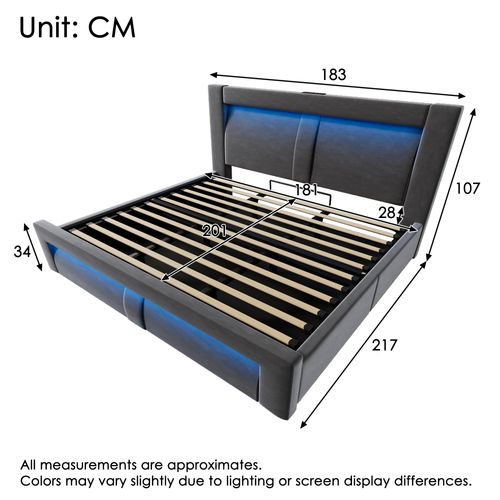 Lit Coffre 180x200cm Avec Lumière LED, Port USB Et Tête De Lit Incurvée Velours Gris