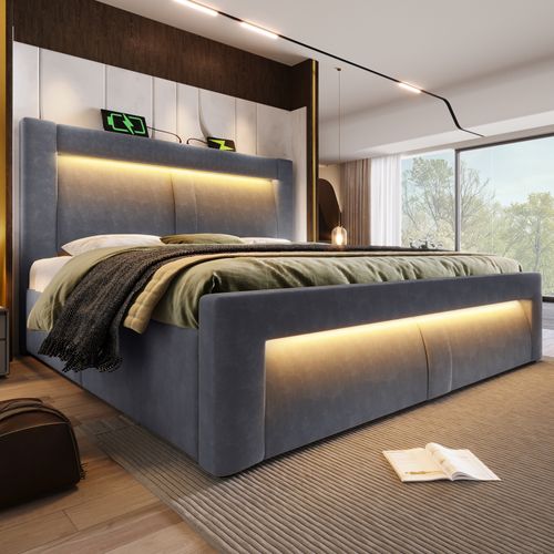 Lit Coffre 180x200cm Avec Lumière LED, Port USB Et Tête De Lit Incurvée Velours Gris
