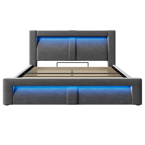 Lit Coffre 180x200cm Avec Lumière LED, Port USB Et Tête De Lit Incurvée Velours Gris