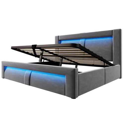 Lit Coffre 180x200cm Avec Lumière LED, Port USB Et Tête De Lit Incurvée Velours Gris
