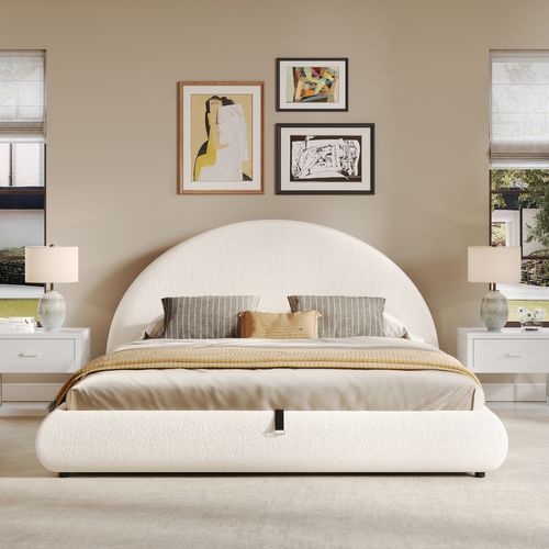 Lit Coffre 180x200cm Avec Sommier à Lattes Et Tête De Lit Semi-circulaire Boucle Beige