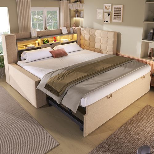 Lit Gigogne 90x200cm Avec LED, Tête De Lit En Forme De L Avec Espace De Rangement Lin Beige