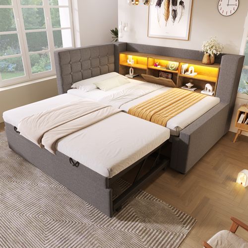 Lit Gigogne 90x200cm Avec LED, Tête De Lit En Forme De L Avec Espace De Rangement Lin Gris