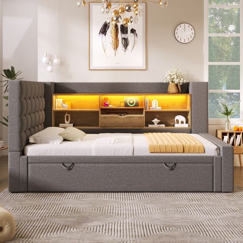 Lit Gigogne 90x200cm Avec LED, Tête De Lit En Forme De L Avec Espace De Rangement Lin Gris
