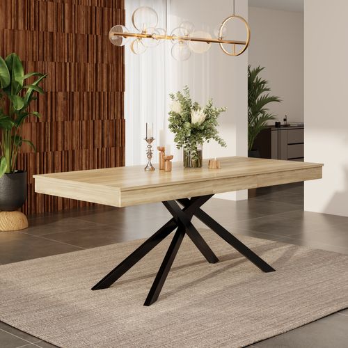 Table à Manger Extensible 140cm-180cm Pieds Métalliques Croisés Imitation Chêne
