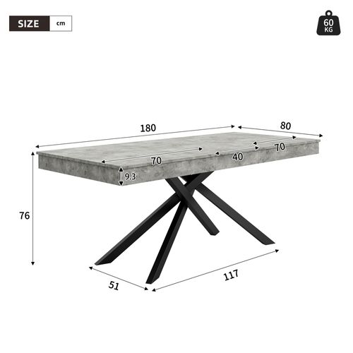 Table à Manger Extensible 140cm - 180cm Idéale Pour 6 à 8 Personnes Pieds Métalliques Croisés Gris