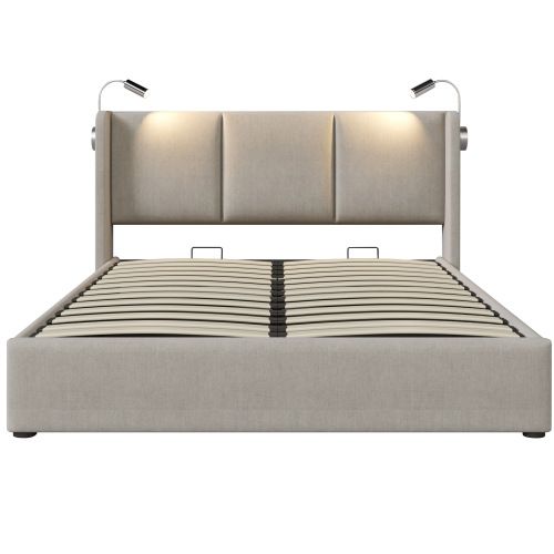 Lit Double 140x200cm-coffre De Lit Avec Rangement-lampe De Lecture Avec Port USB-beige