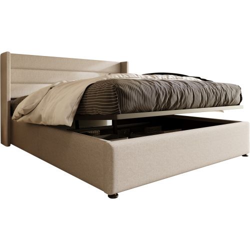 Lit Double Hydraulique 160x200cm-lit Coffre-sommier à lattes en bois-en Lin-Silencieux-Beige