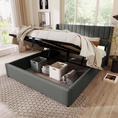 Lit Double Hydraulique 160x200cm-lit Coffre-système Hydraulique-lit Capitonné En Bois-en Lin-gris