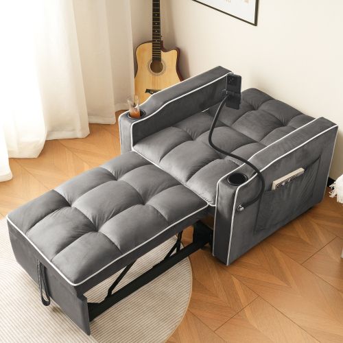 Canapé-lit Extensible 3 En 1-fauteuil Convertib-avec Porte-gobelets Et Support Pour Téléphone-gris