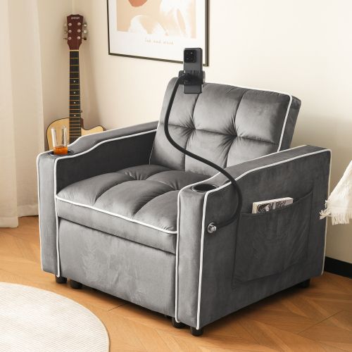Canapé-lit Extensible 3 En 1-fauteuil Convertib-avec Porte-gobelets Et Support Pour Téléphone-gris