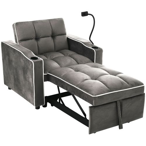 Canapé-lit Extensible 3 En 1-fauteuil Convertib-avec Porte-gobelets Et Support Pour Téléphone-gris