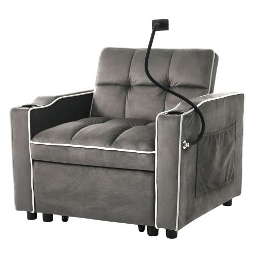 Canapé-lit Extensible 3 En 1-fauteuil Convertib-avec Porte-gobelets Et Support Pour Téléphone-gris