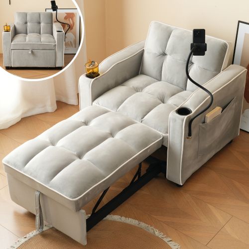 Fauteuil Convertible 3 En 1- avec Porte - gobelets Et Support Pour Téléphone - gris